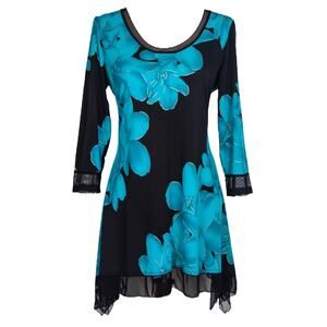 Women's Floral Tunic Top Teal Long Tunic Size L Long Sleeve Klaveli
